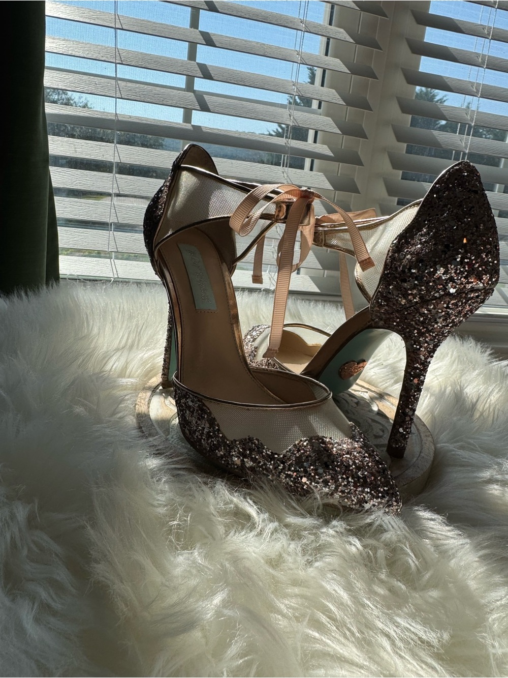 Betsey Johnson Pink Rose Gold Glitter Lace-Up Pointed Heels
